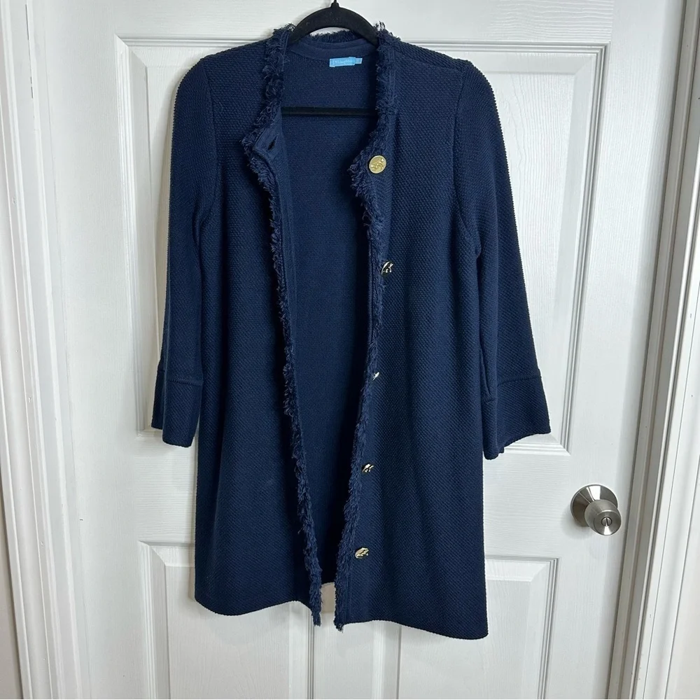J.McLaughlin Ribbed Knit Navy Button Up longline Cardigan Gold Buttons Medium - Picture 2 of 9